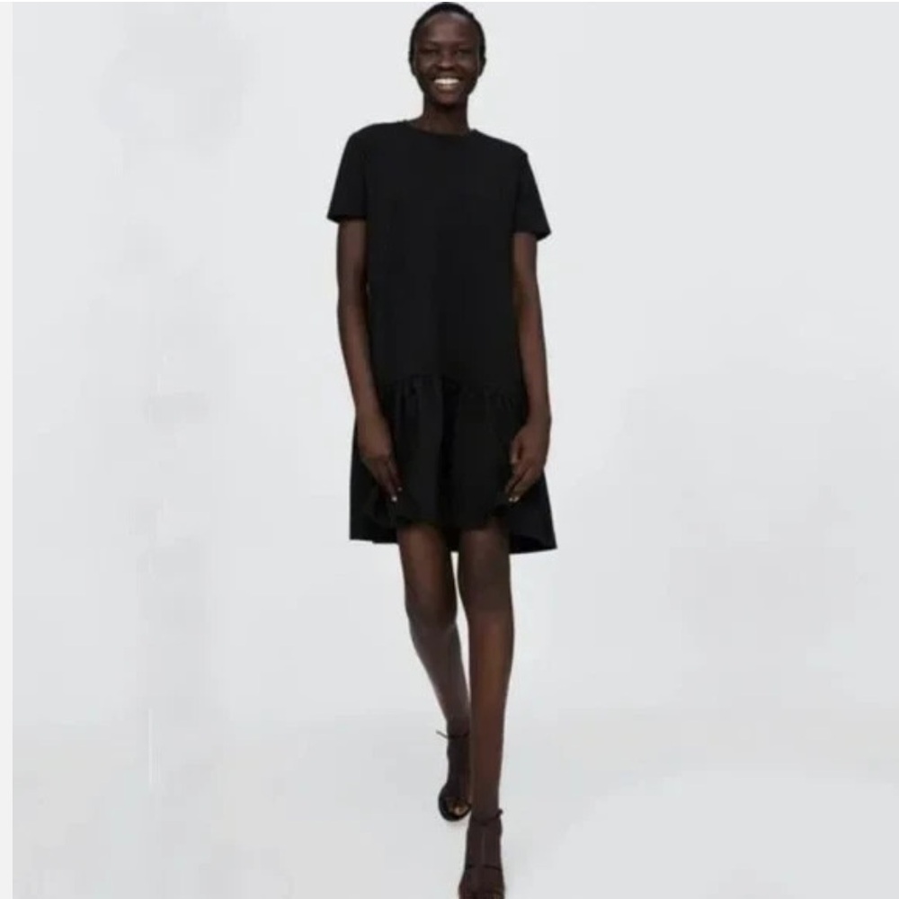 Zara Black T-Shirt Dress with Peplum Hem